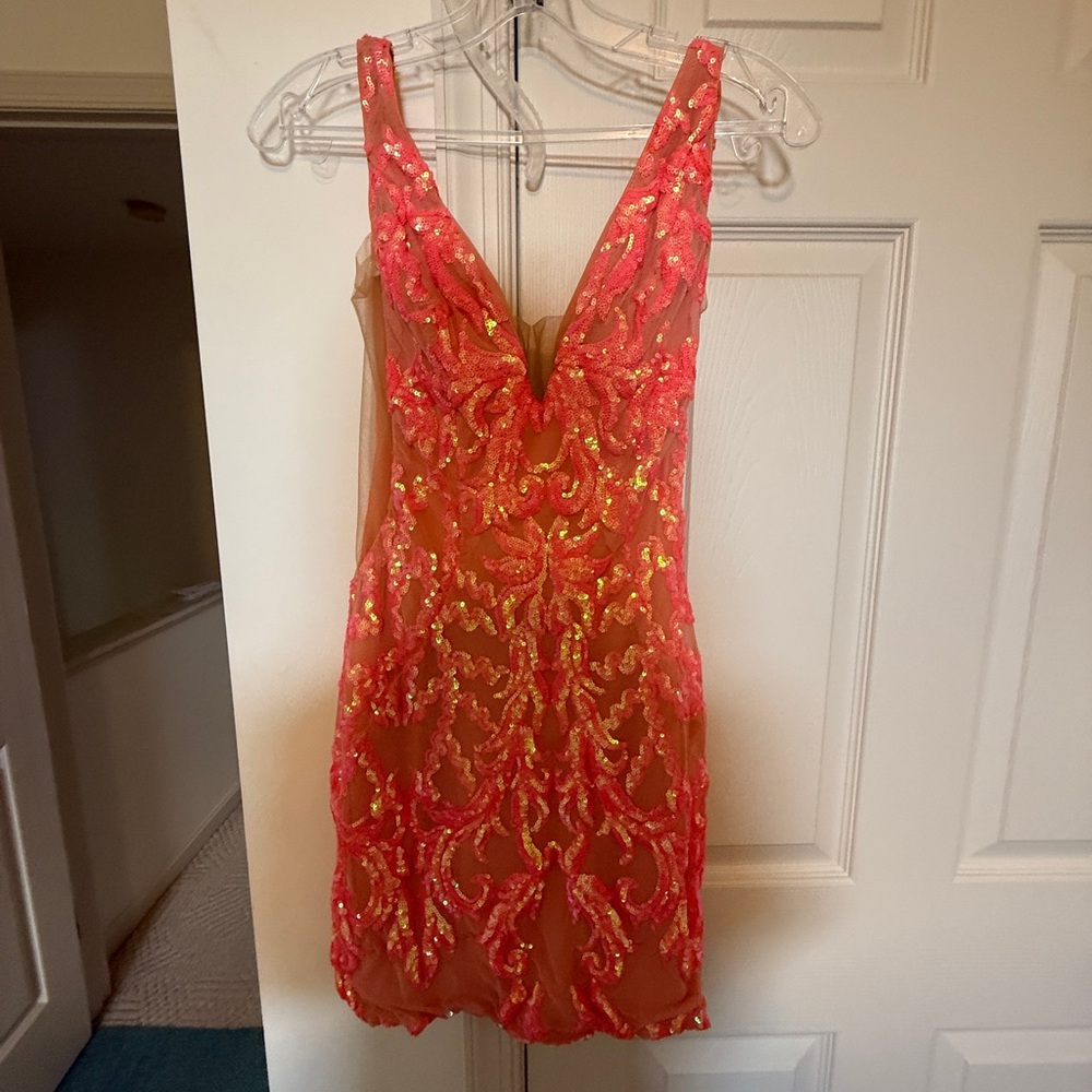 Jovani Neon Pink Mini Dress - Picture 2 of 4